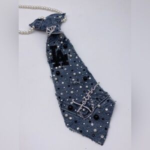 Denim Tie with Pearls